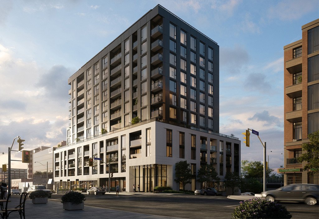 The exterior view of westbend condos,2025. This 12-storey pre-construction project with 174 units will be located near the main intersection of Keele and Bloor St West