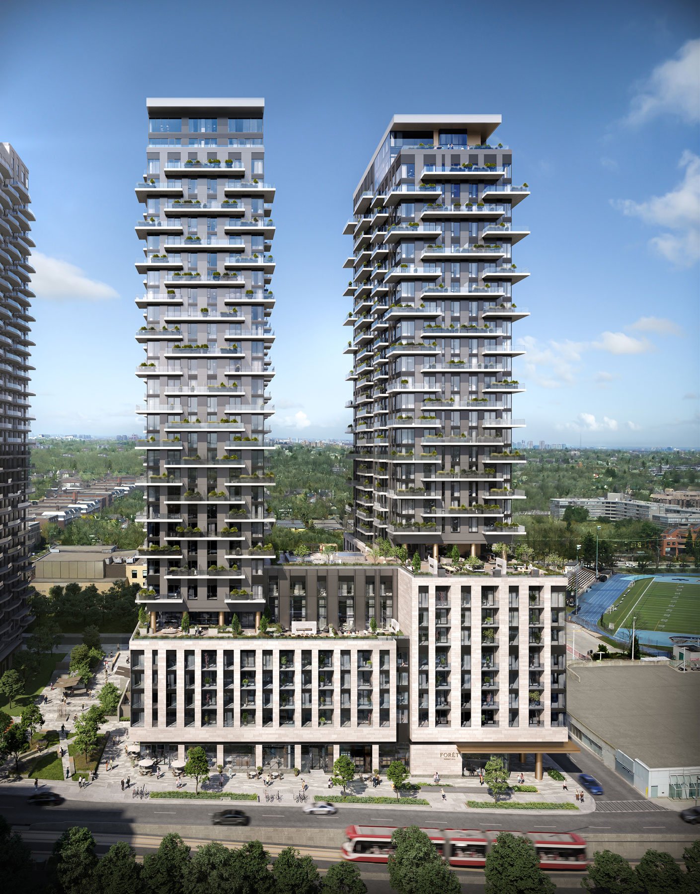 The skyline view of ForÃªt Forest Hill Condos,2027. The shared podium of the two 31 & 32-storey towers would include a 668 square metre daycare centre. Firstclassrealty
