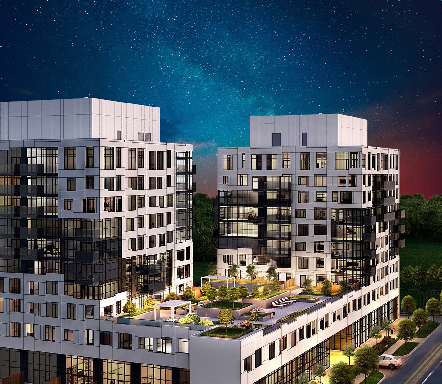 The view of Gemini Condos in Oakville. This condo development will consist of twin 10-storey towers with 205 residential and live-work units.