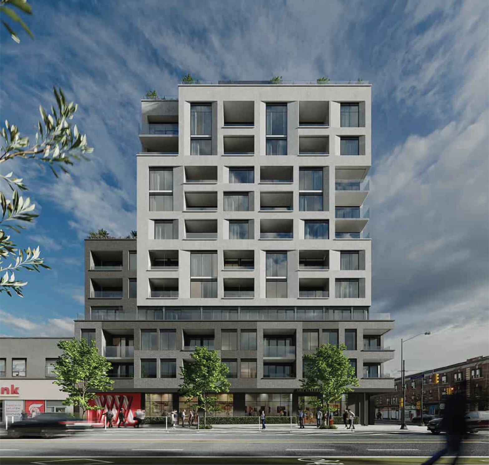 The exterior view of Motto Condos. a new 12-storey pre-construction condominium by Sierra Building Group in Toronto.