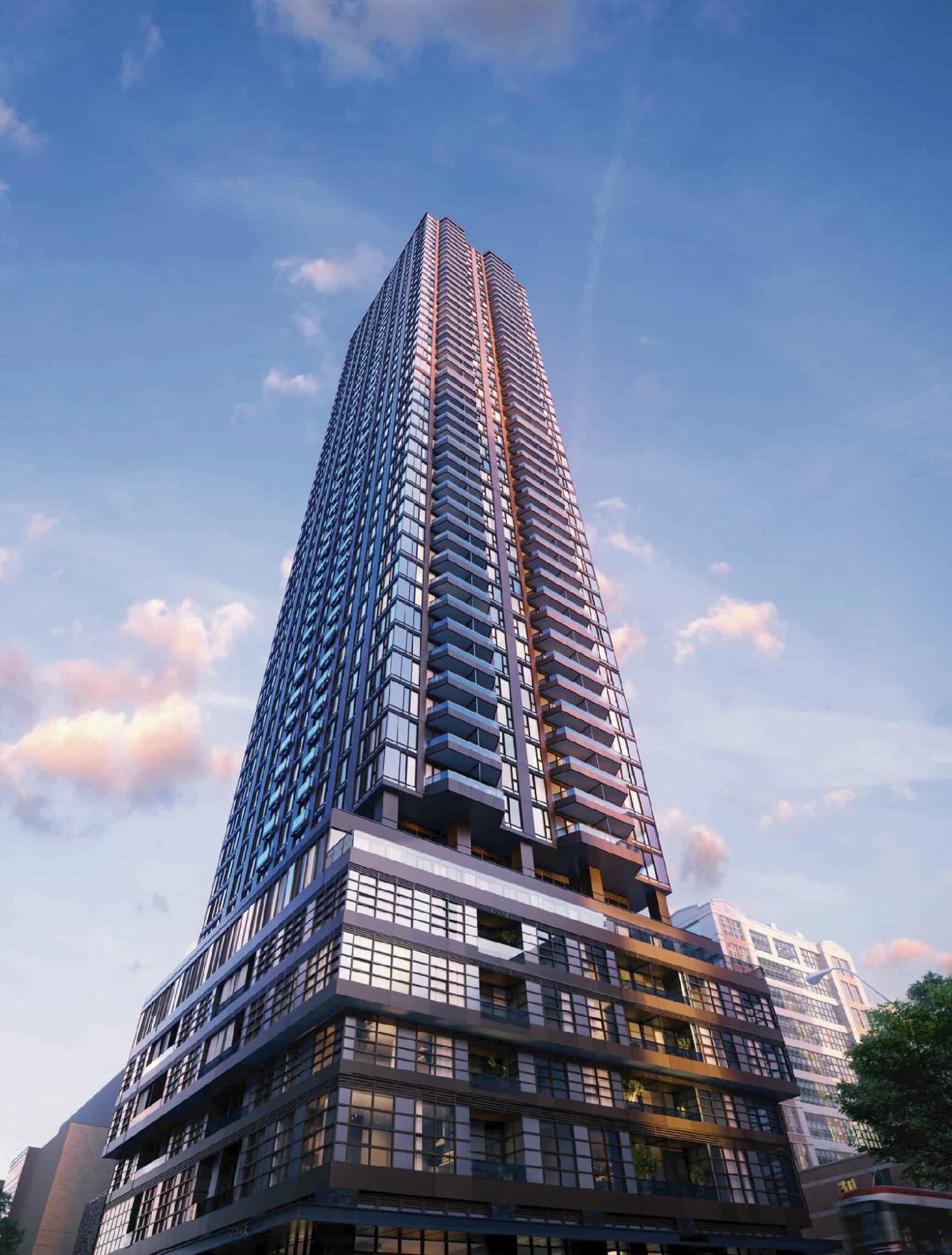 The Exterior view of Centricity Condos,2023. 53 storey pre-construction project with 594 residential units is located at 241 Church St