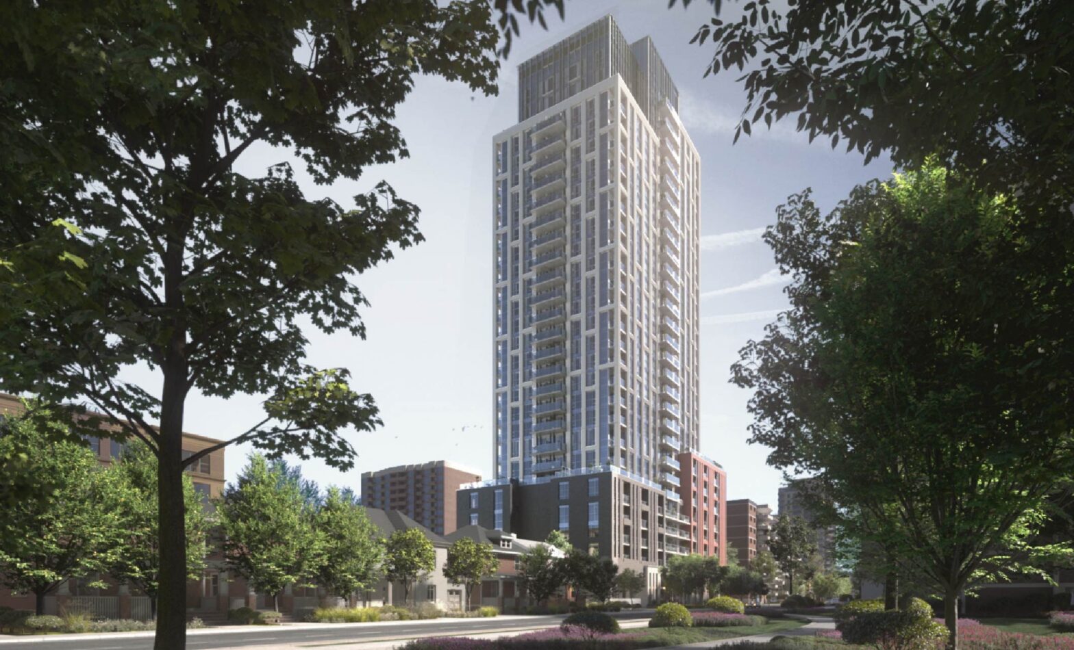 The exterior view of Raglan House,2023. This 28-storey pre-construction project with 320 units will be located at 101 Raglan Ave by Bathurst Street