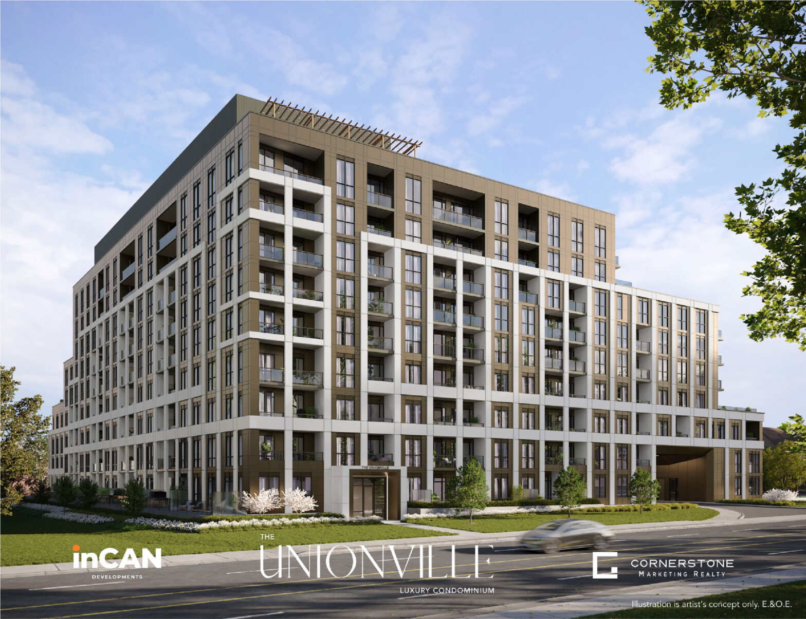 The Exterior View of Unionville condos, 2023. This 10-storey pre-construction project with 270 designer suites is located at 9332 Kennedy Road near 16th Avenue and Kennedy Road
