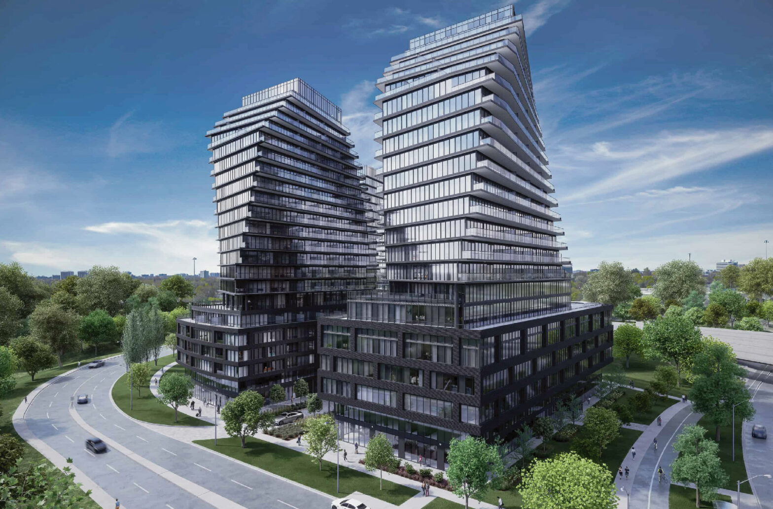 The view of the 9hundred condos. This pre-construction project is located at 900 The East Mall close to the intersection of Highway 427 and Eglinton Avenue West in the West Deane Park neighbourhood.