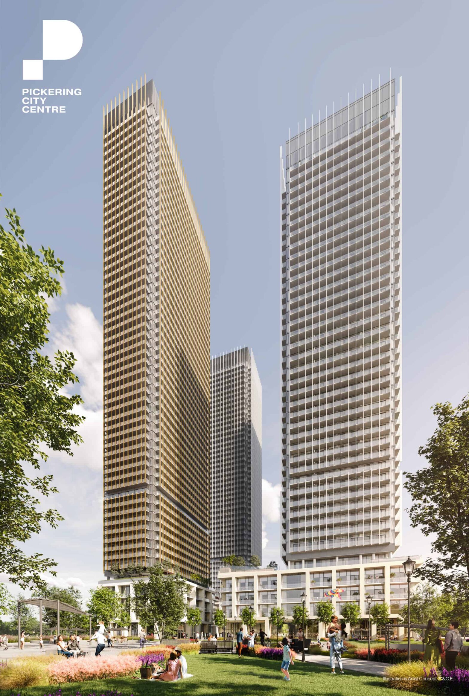 The Exterior view of Pickering City Centre Condos,2023. This four-tower pre-construction project, ranging in height from 40 to 55 storeys, will sit at 1355 Kingston Rd. It will have around 2,100 residences