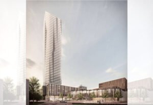 The exterior view of Pickering City Centre Condos. Mixed-use community in Pickering Centre