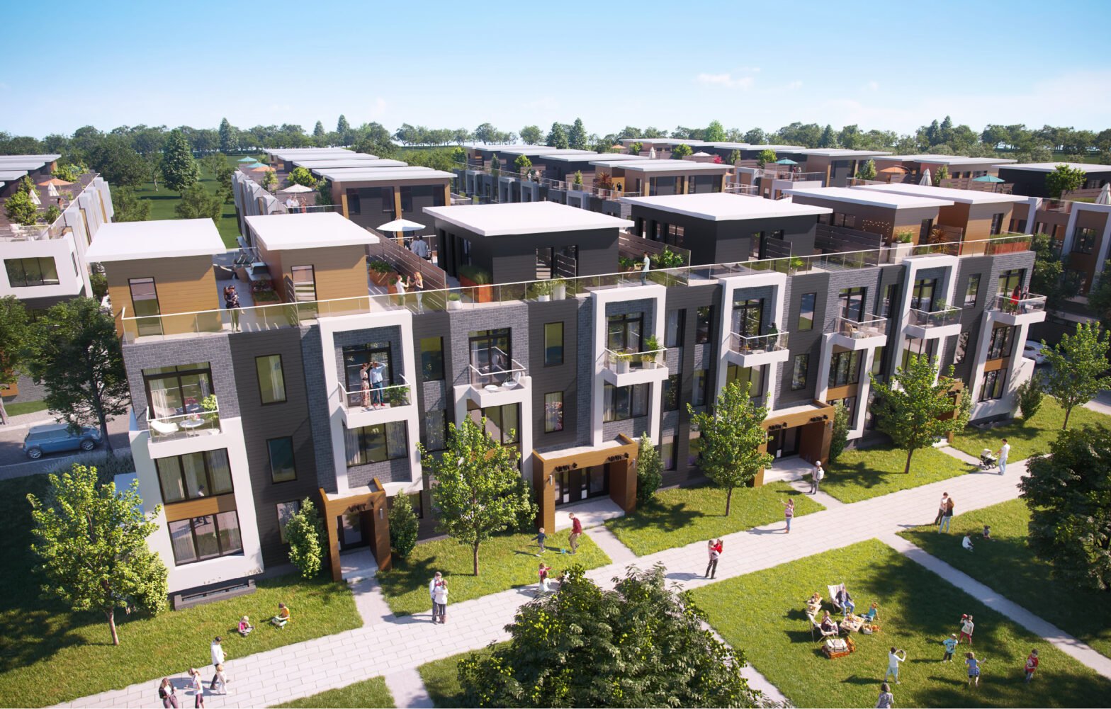 The Exterior View of QUI Modern Town,2025. This Townhouse will locate at the environment with fancy parks and public facilities.