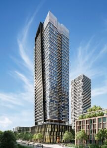 The Exterior view of the Riv Condos,2025. an exceptional residential gem nestled along the picturesque Don River in the heart of Toronto's downtown east