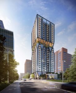 The exterior view of Imperia Condos. 2023 prestigious residential development set to redefine urban living in downtown Calgary