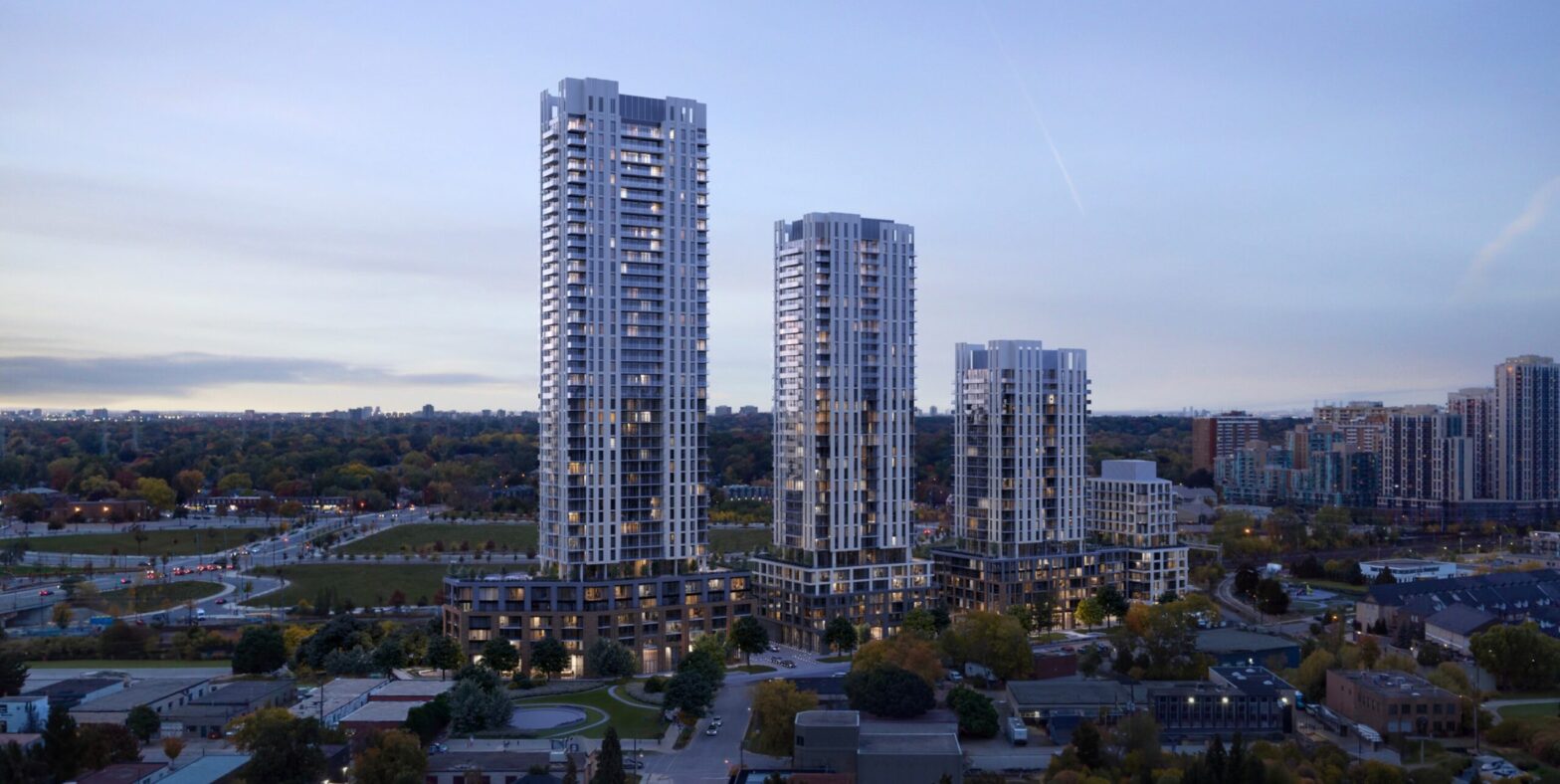 The front of Arcadia District Condos, during dusk