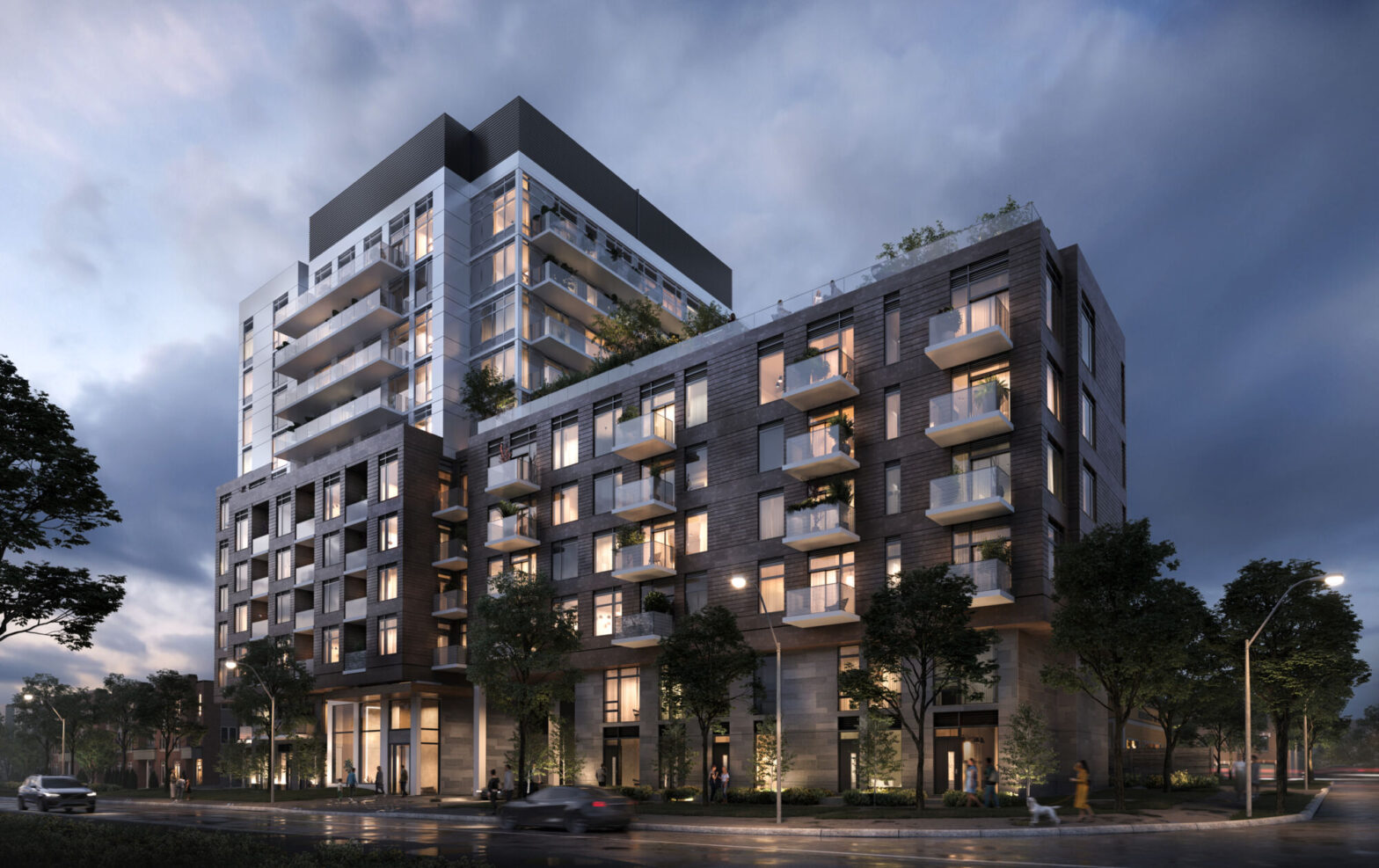 The exterior view of Blvd Q Condos,2027. Positioned near the intersection of Islington Ave and The Queensway, this 11-storey building will feature a total of 210 suites. Firstclassrealty