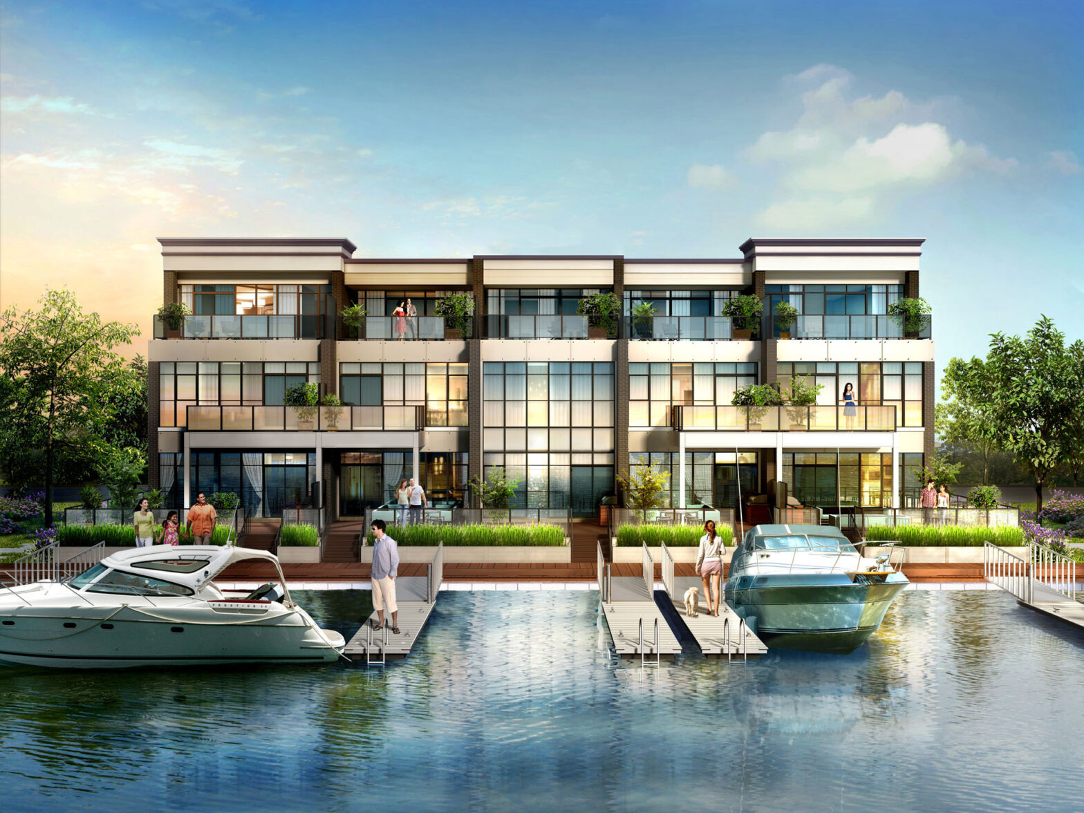 The front of Ferretti Towns, in front of the lake with boats.