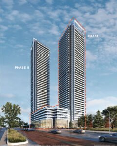 V City Exterior-highway 7 view, This ambitious project encompasses two towers, one standing at 49 storeys and the other at 45 storeys, both supported by a 7-storey podium. Situated at 2901 Hwy 7