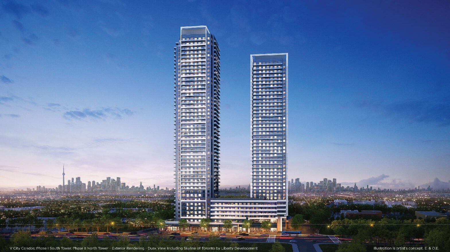 V City Exterior-front view during dusk, This ambitious project encompasses two towers, one standing at 49 storeys and the other at 45 storeys, both supported by a 7-storey podium. Situated at 2901 Hwy 7
