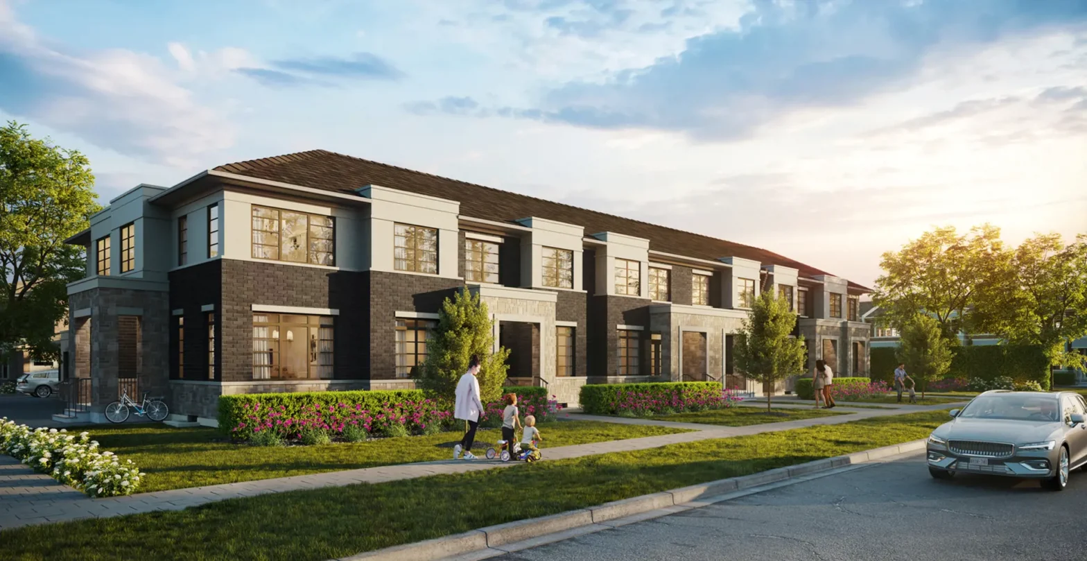 The exterior view of Whitby Meadows,2025. a new townhouse and single family home community by Great Gulf