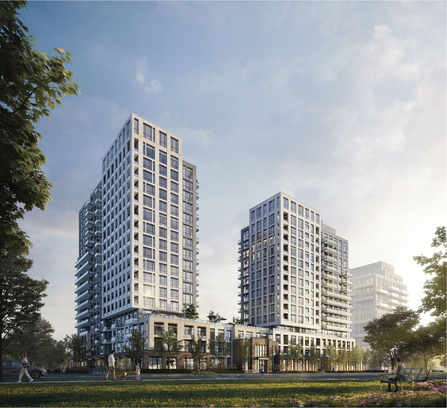 The surrounding view of Oakville Yards,2026. three condo towers between 15 and 17 storeys tall with 699 condo units and layouts