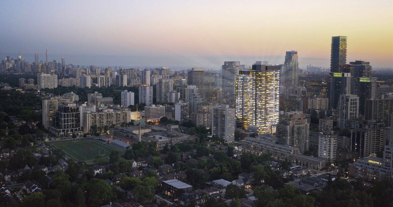 The Exterior View of Line 5 Condos,2026. This new project is located on the southwest corner of Broadway Ave and Yonge St