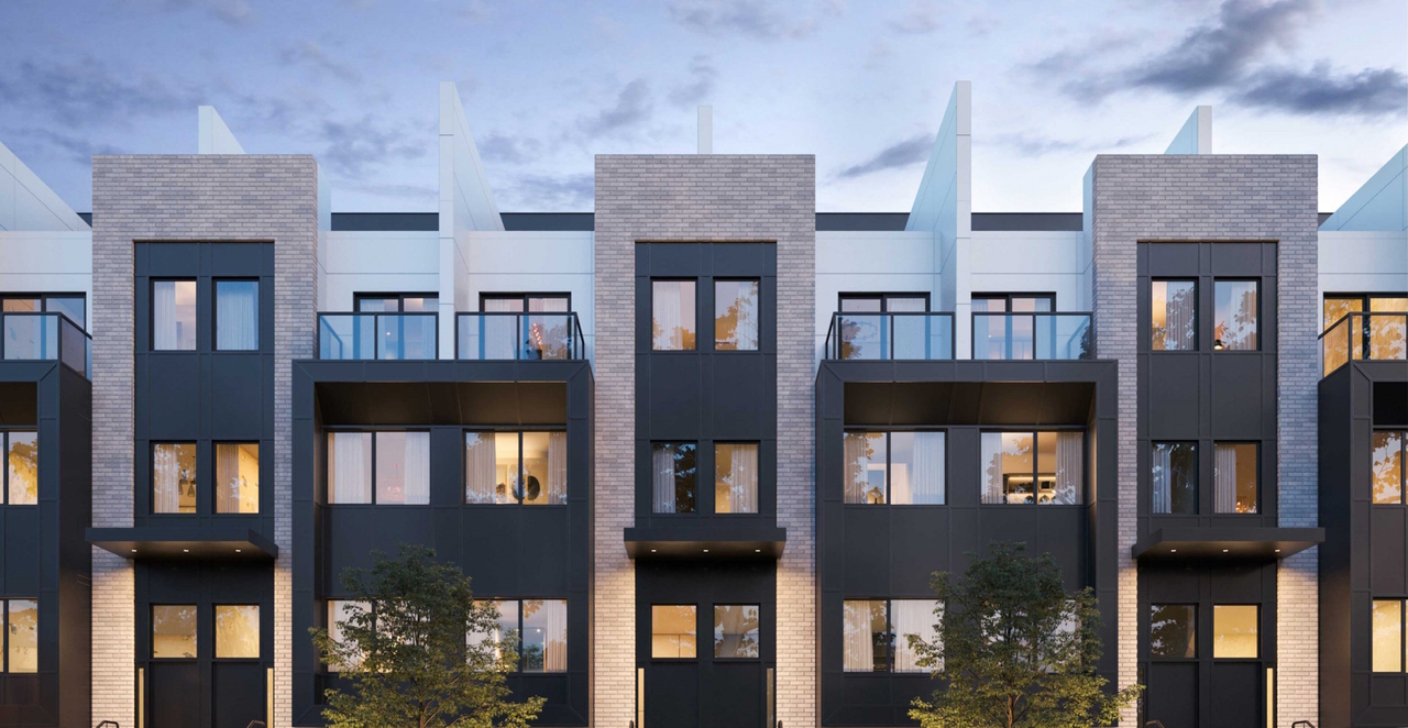 The exterior view of Towns of Lambton Mills. With 3-storey back-to-back townhouse buildings with 58 units