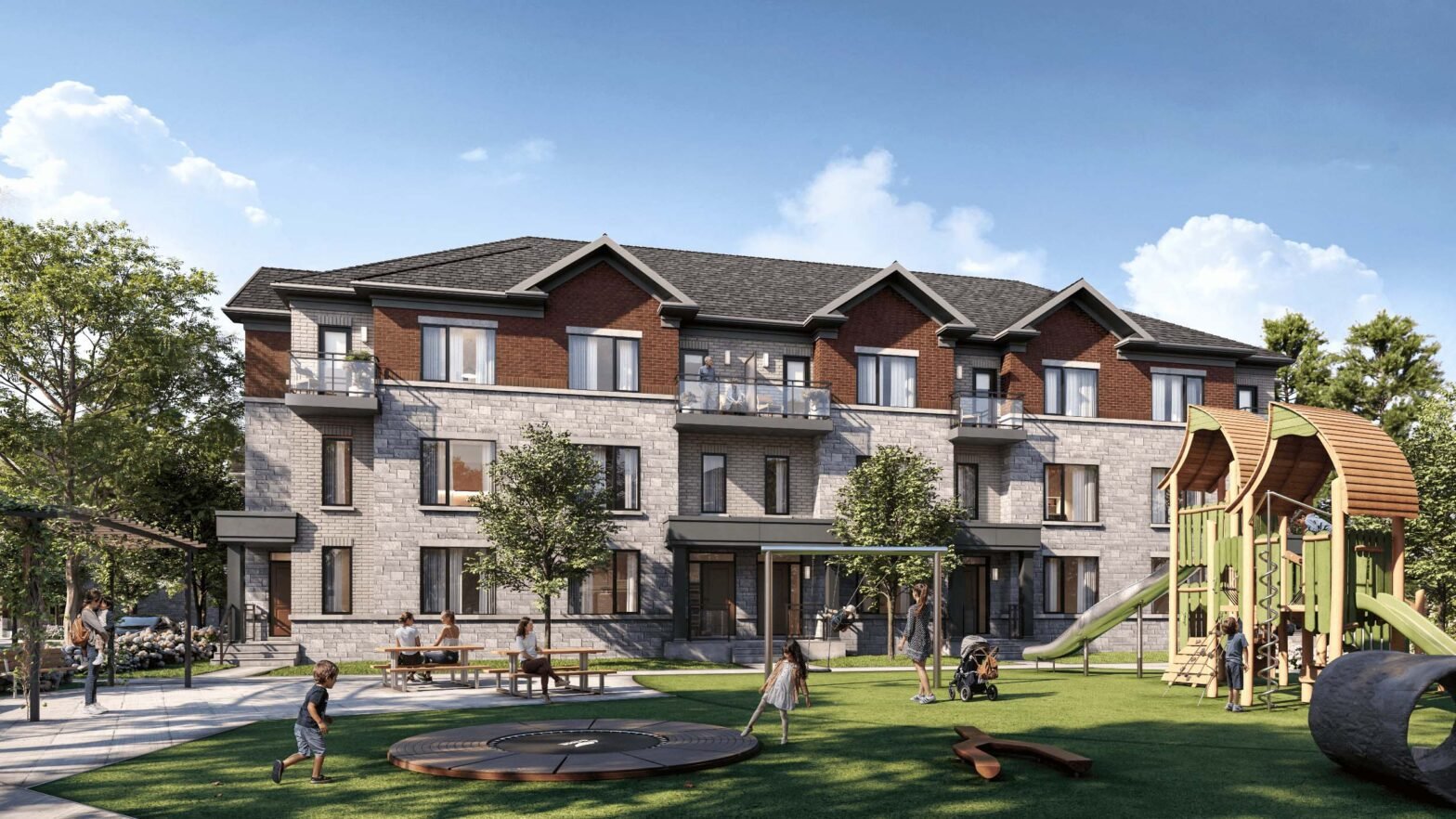 The external environment of Skylands Townhomes. This lively neighbourhood is chock full of conveniences for recreation, sport, retail therapy, dining and more!
